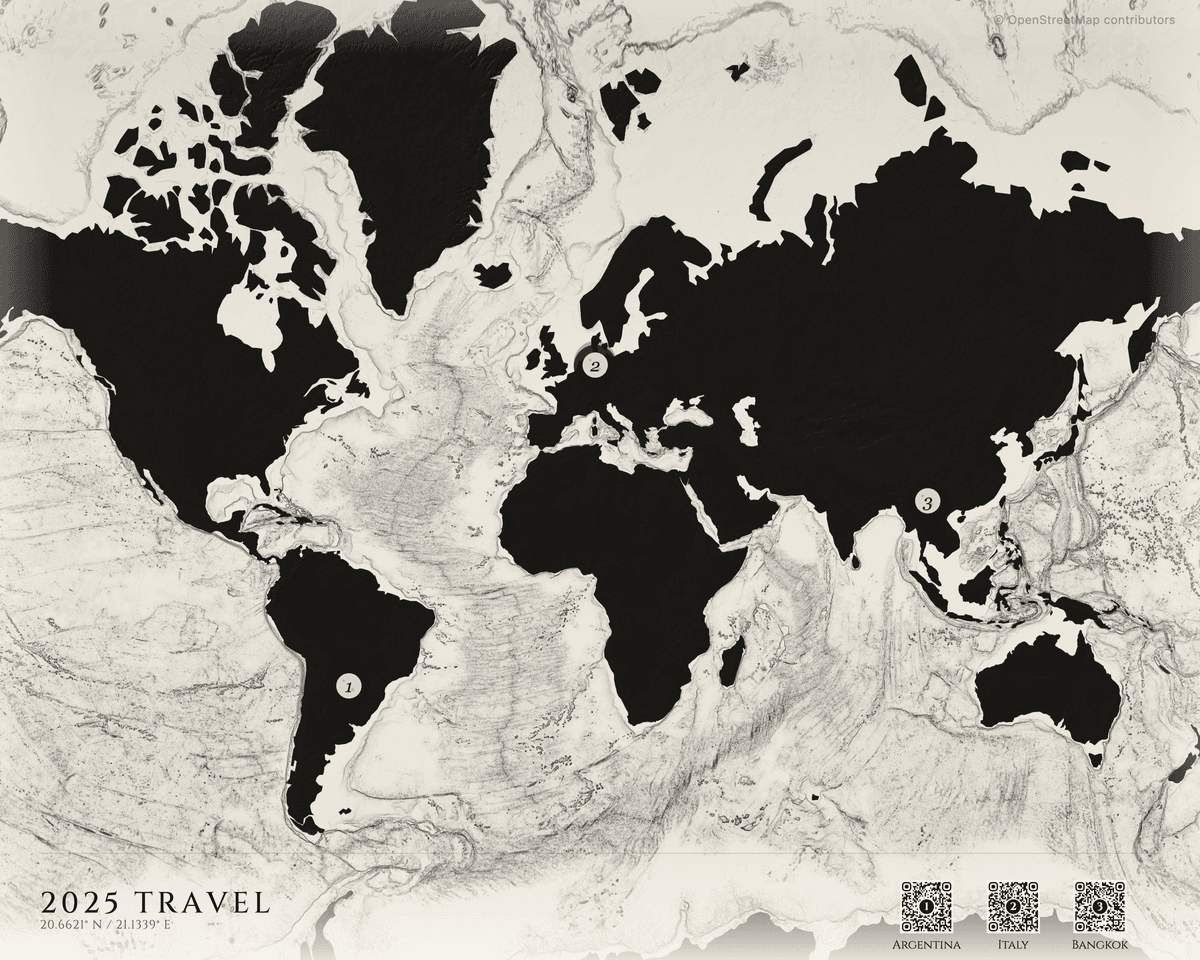 Example vintage-style travel map with location markers and QR codes